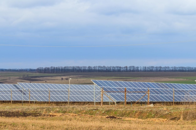 Fotovoltaica en central solar. Paneles solares en un campo. Energía alternativa