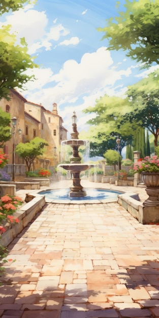 Fountain View Pathway Hyperrealistische Aquarell-Stil Anime-Kunst