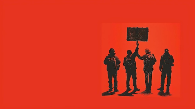 Foto four people are standing in a line holding a sign the background is red the people are wearing backpacks and look like they are protesting