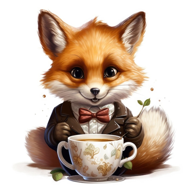 Fox bonito e fofo em um terno com uma xícara de café em um fundo branco