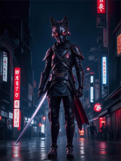 Fox cyber samurai en la ilustración de la imagen de la calle japonesa