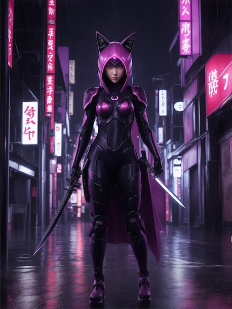 Fox cyber samurai en la ilustración de la imagen de la calle japonesa