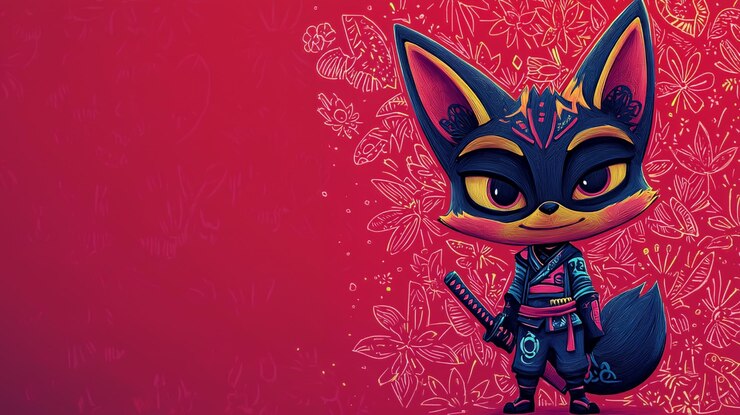 Foto fox de desenho animado bonito em roupa de ninja com espada contra fundo vermelho