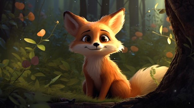 Fox de desenho animado bonito na floresta