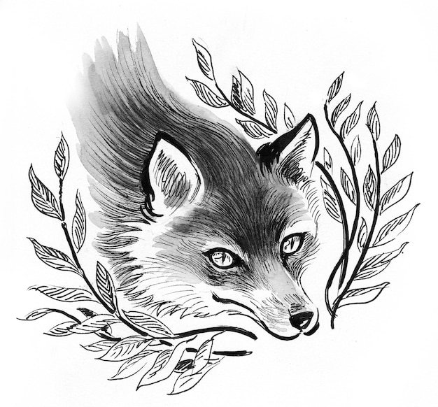 Foto fox escondido en los arbustos. dibujo a tinta en blanco y negro