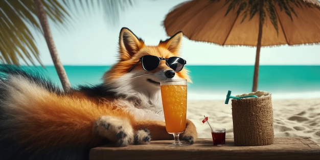 Fox está de férias de verão em resort à beira-mar e relaxando na praia de verão