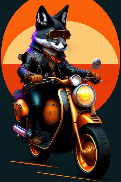 Una fox fursona steampunk con botas sentada en un ciclomotor Vespa con gafas de sol