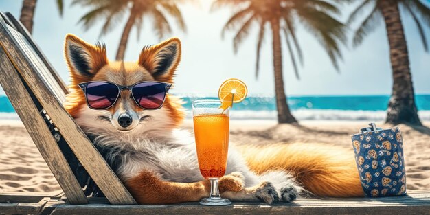 Fox ist im Sommerurlaub im Badeort und entspannt am Sommerstrand