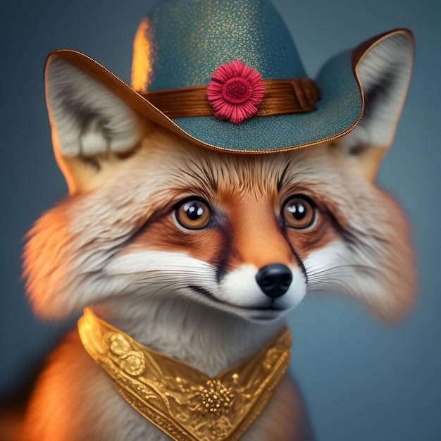 Fox no chapéu com uma flor e em roupas antigas Generative AI