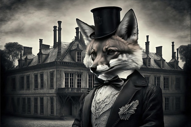 Fox en ropa victoriana, retrato. IA generativa