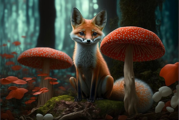 Fox sentado em cima de uma pilha de cogumelos generative ai