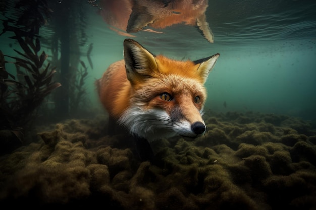 Fox se sumerge bajo el agua Hermosa imagen de ilustración AI generativa