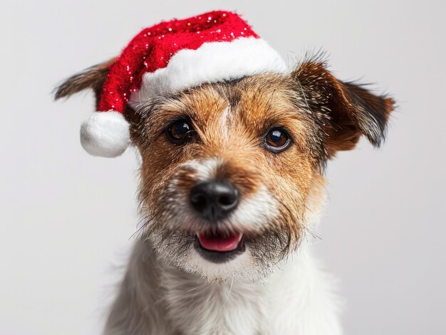 Fox Terrier sonriendo con un retrato de sombrero de Navidad