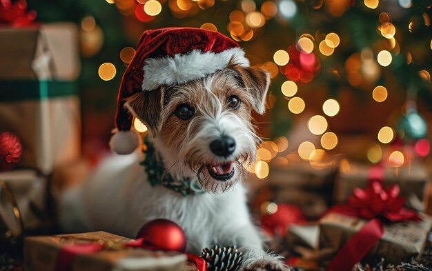 Fox Terrier sorrindo usando um chapéu de Natal em fundo de Natal