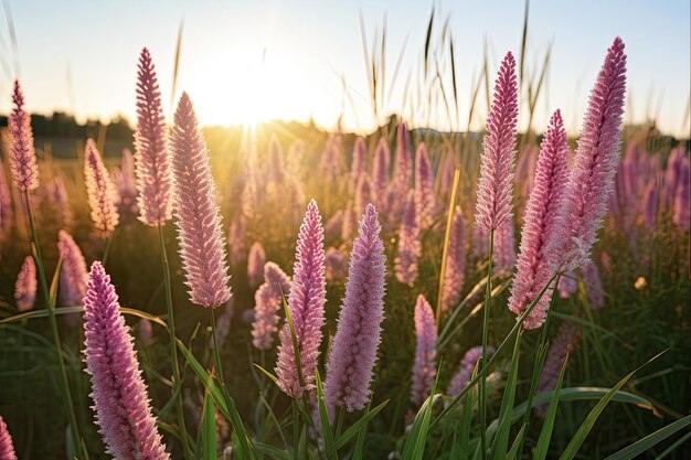 Foxtail-Gras in der Frühlingslandschaft Alopecurus Pratensis mit purpurfarbenen Blütenspitzen in