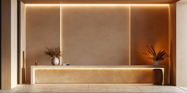 Foto foyer bege com consola elegante e decoração minimalista