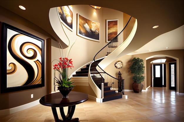 Foyer mit geschwungener Treppe, modernes Luxushaus