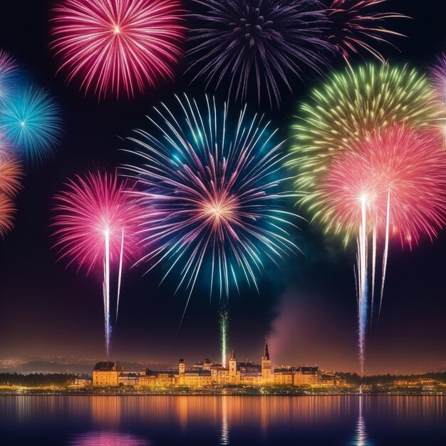 Foyerverques de vacaciones con fondos con chispas de colores y luz brillante en el cielo nocturno negro pirotecnia increíbles fuegos artificiales de colores en el espectáculo de celebración concepto de fondo de vacaciones Copia espacio de texto de anuncio