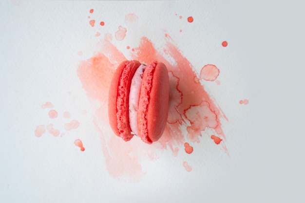 Fpink rench Cookie Makrone auf Aquarellhintergrund, Ansicht von oben