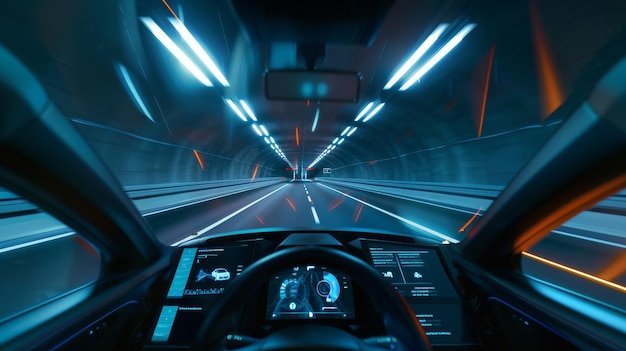 FPV eines futuristischen autonomen selbstfahrenden Autos, das sich durch einen Tunnel bewegt, mit einem Headup-Display, das Geschwindigkeits-Distanz-Navigations- und Straßen-Scanning-Informationen POV vom Fahrersitz und FPV anzeigt