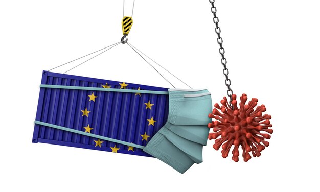 Frachtcontainer der Europäischen Union kollidiert mit Coronavirus d-Rendering