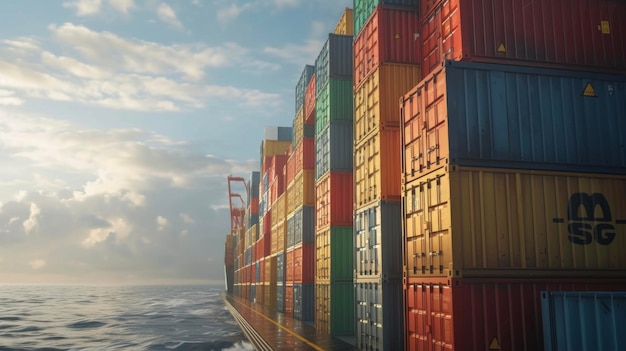 Frachtcontainer, die hoch auf dem Deck eines Schiffes gestapelt sind, stellen eine potenzielle Gefahr im unruhigen Ozean dar