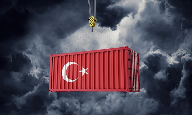 Frachtcontainer für den türkischen Handel, der an dunklen Wolken hängt, rendern
