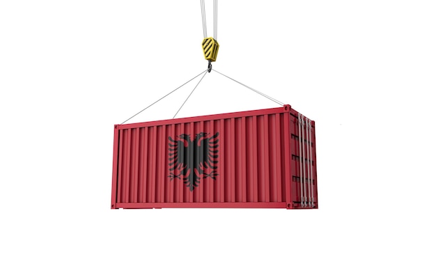 Frachtcontainer mit albanische Flagge, der an einem Kran hängt