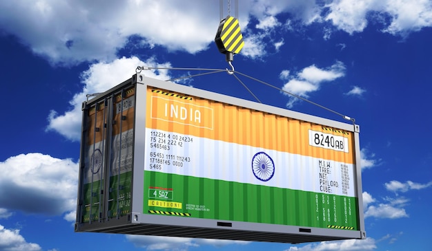 Frachtcontainer mit der indischen Flagge auf dem Kranhaken 3D-Illustration