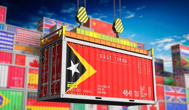 Frachtcontainer mit der Nationalflagge Osttimors in 3D