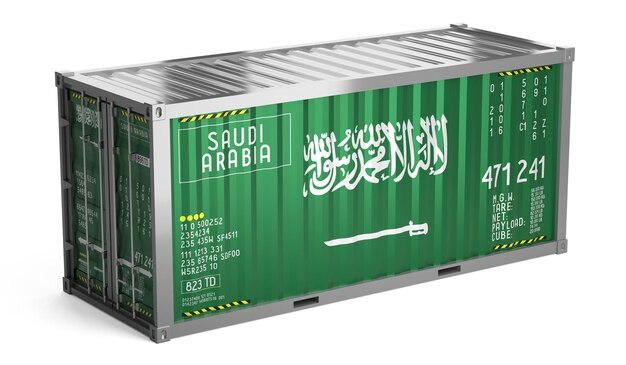 Frachtcontainer mit der Nationalflagge Saudi-Arabien auf weißem Hintergrund 3D-Illustration