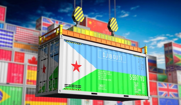 Frachtcontainer mit der Nationalflagge von Djibouti in 3D