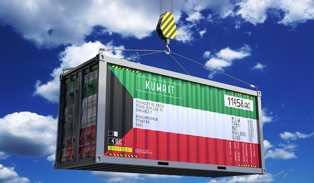 Frachtcontainer mit der Nationalflagge von Kuwait hängt auf einem Kranhaken 3D-Illustration