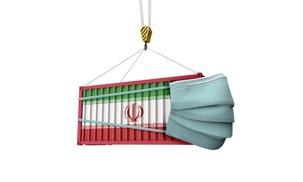 Frachtcontainer mit iranischer Flagge und Schutzmaske d rendern