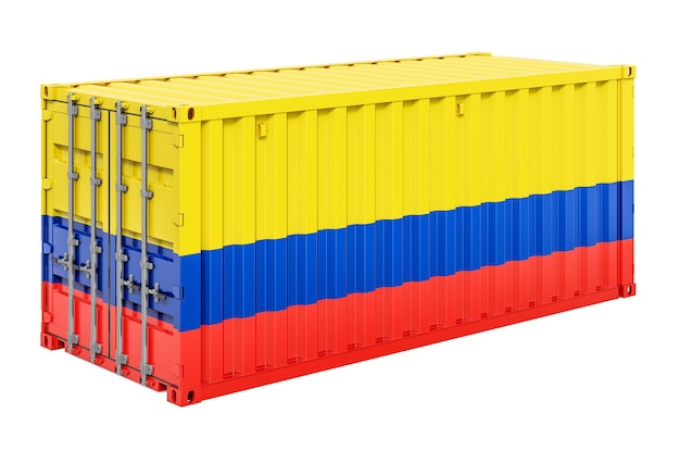 Frachtcontainer mit kolumbianischer Flagge 3D-Rendering isoliert auf weißem Hintergrund