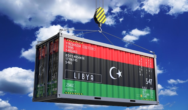 Frachtcontainer mit libyscher Flagge auf dem Kranhaken 3D-Illustration