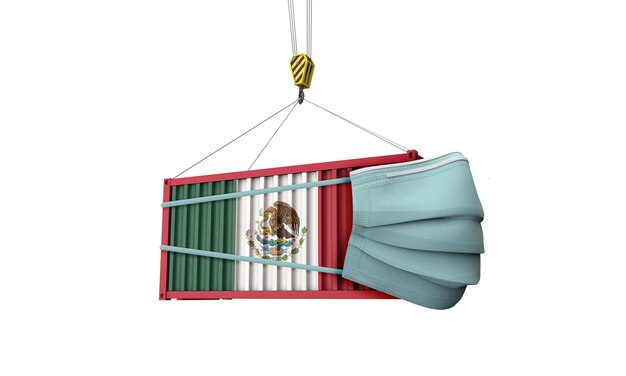 Frachtcontainer mit mexikanischer Flagge und Schutzmaske d rendern