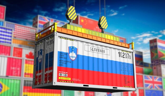 Frachtcontainer mit nationaler Flagge Sloweniens 3D-Illustration