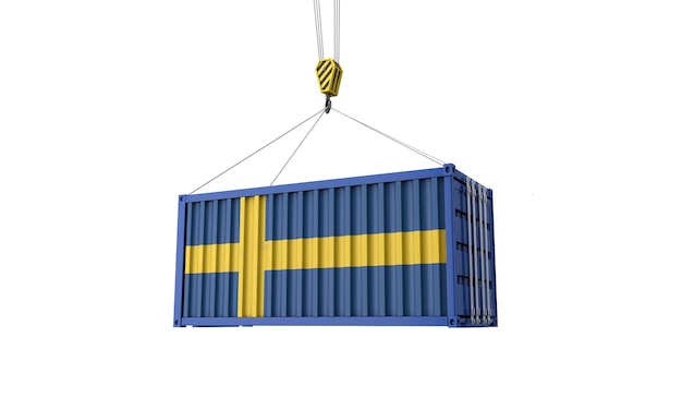 Frachtcontainer mit schwedischer Flagge, der an einem Kran hängt