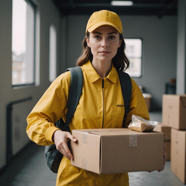 Frachtfrau in Arbeiteruniform hält eine Kiste