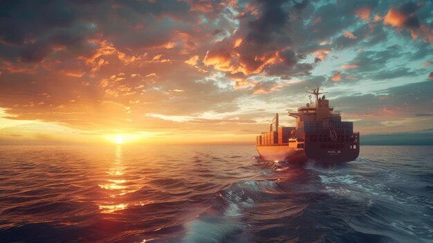 Foto frachtschiff fährt bei sonnenuntergang in offenen gewässern