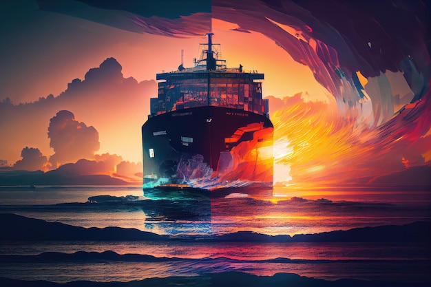 Frachtschiff fährt durch farbenfrohe Doppelbelichtung bei Sonnenuntergang