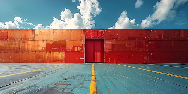 Frachtschiff Heck mit Containern gegen den blauen Himmel, das den globalen Handel und die Logistikdienste symbolisiert Konzept Global Trade Logistics Services Fracht-Schiff-Container Blauer Himmel