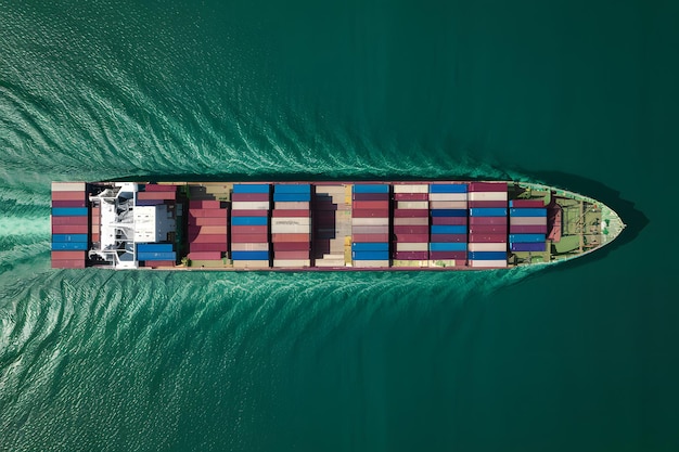 Frachtschiff mit Containern für den Export von oben gesehen