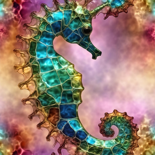 Fractal Art Of A Seahorse In The Style Of Alcohol Ink Mosaic Soft Focus No Contrast Cinematic (Fraktalkunst eines Seepferdes im Stil von Alkohol, Tinte, Mosaik, weicher Fokus, kein Kontrast)