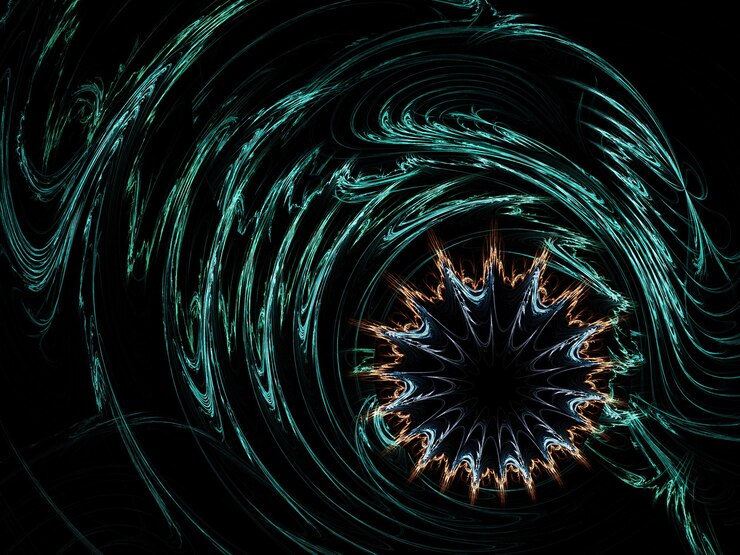 Foto fractal colorido abstrato redondo curvas e linhas em fundo preto