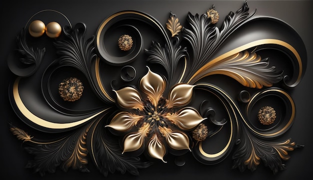 Fractal flores fondo de mármol líquido dorado y negro Generativo ai