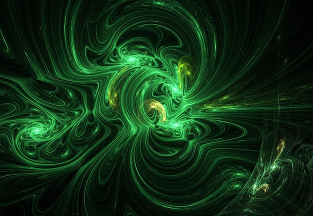 Fractal verde abstracto curvas y líneas sobre fondo negro