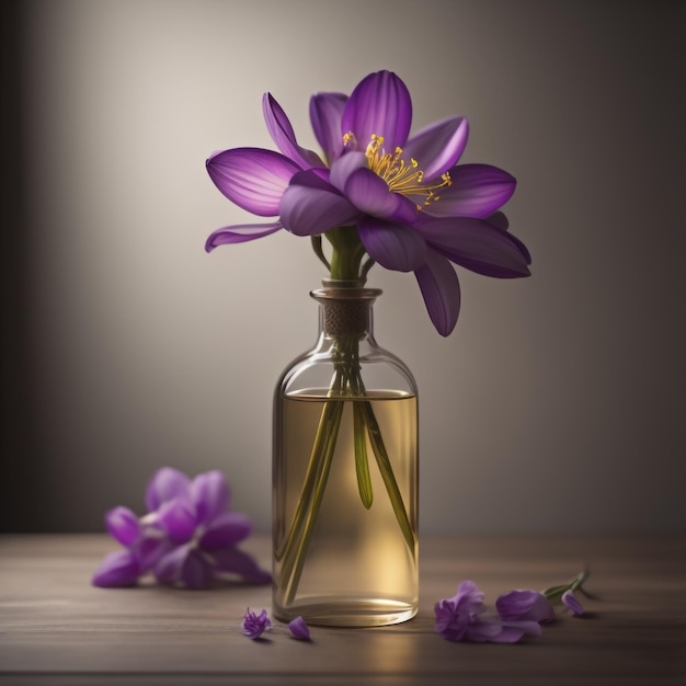 Fragancia fresca de flor morada en botella de vidrio