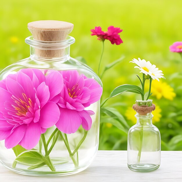 Foto fragancia fresca de flores en una botella de vidrio